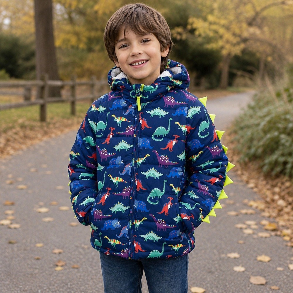 Gymboree Boys Size 10 Dino Friends Puffer Jacket Navy Sherpa 3D Spikes NWT